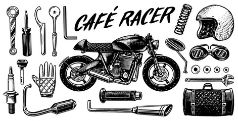Motorcycle repair. Set of tools for the cafe racer. Bike Gloves Helmet Instruments for motor bicycle. Mending and renovation of vehicles. Hand drawn engraved monochrome sketch for labels or posters.