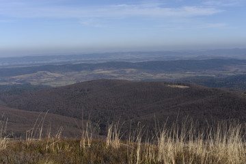 Bieszczady Mountain park with top view in high sun