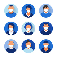 Flat modern minimal avatar icons with medical mask. Business concept, global communication. Web site user profile. Social media, network elements.
