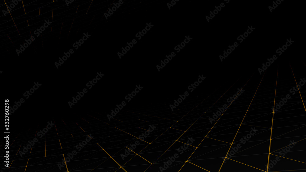 Poster minimal black and gold abstract black background..triangles texture floor and ceiling going to infin