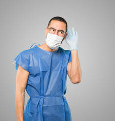 Coronavirus.Young man doing concepts and wearing mask and protective gloves