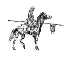 Medieval armed knight riding a horse. Historical ancient military character. Prince with a spear and a flag. Ancient fighter. Vintage vector sketch. Engraved hand drawn illustration.