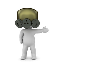 3D Character wearing gas mask pointing to the right