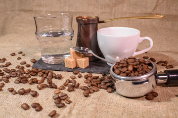 Turkish coffee or cezve coffee. Delicious strong coffee made in the sand.