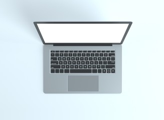 Fototapeta na wymiar 3D realistic laptop mockup. Top view Laptop with blank white display, device screen frame and grey laptop on the light white background. 3D Mock up for your design.