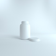 Drug 3D white plastic medical bottle. Mockup Template of medicine packaging for pills, capsule, drugs, vitamins. Sports and health life supplements. 3D rendering. 3D Mock up for your design.  