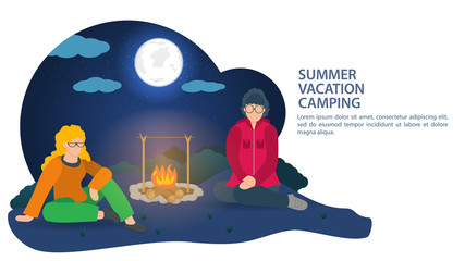 Banner for summer camping design two girls sitting at night near a campfire in nature vector flat illustration