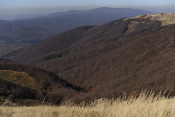 Bieszczady Mountain park with top view in high sun