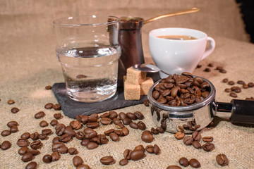 Turkish coffee or cezve coffee. Delicious strong coffee made in the sand.
