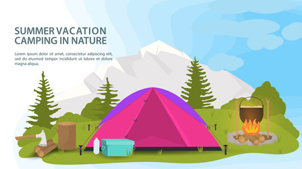 Banner for the design of summer camping a tourist tent stands in a clearing in the forest next to a fire cooking food on the background of mountains vector flat illustration