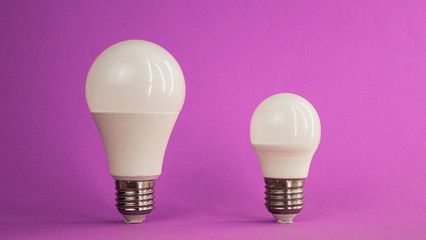 two light bulbs of different sizes stand on a purple background