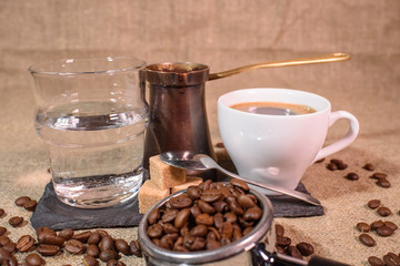 Turkish coffee or cezve coffee. Delicious strong coffee made in the sand.