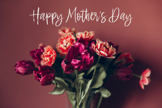 Happy Mothers day quote. Beautiful Bunch of Peony Style Tulips in the Vase on the dusty pink background, spring holiday concept, copy space
