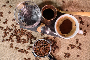 Turkish coffee or cezve coffee. Delicious strong coffee made in the sand.