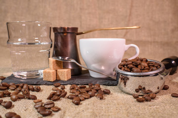 Turkish coffee or cezve coffee. Delicious strong coffee made in the sand.