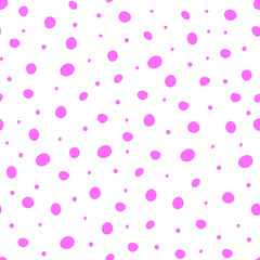 Seamless pattern of abstract polka dots. Graphic pink asymmetric peas isolated on white. Trendy texture with shabby spots for interior decoration, printing, textile. Vector illustration