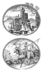 Medieval knight and castle. Antique chateau and cavalier on horseback. Ancient rider. Template for label or badge. Hand drawn engraved monochrome vintage sketch.