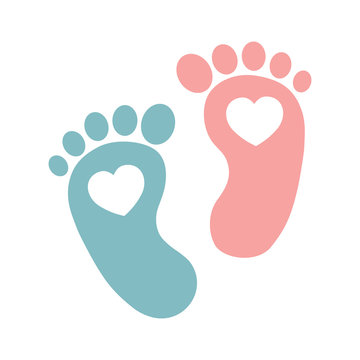 Twin baby girl and boy feet prints arrival greeting card with hearts.