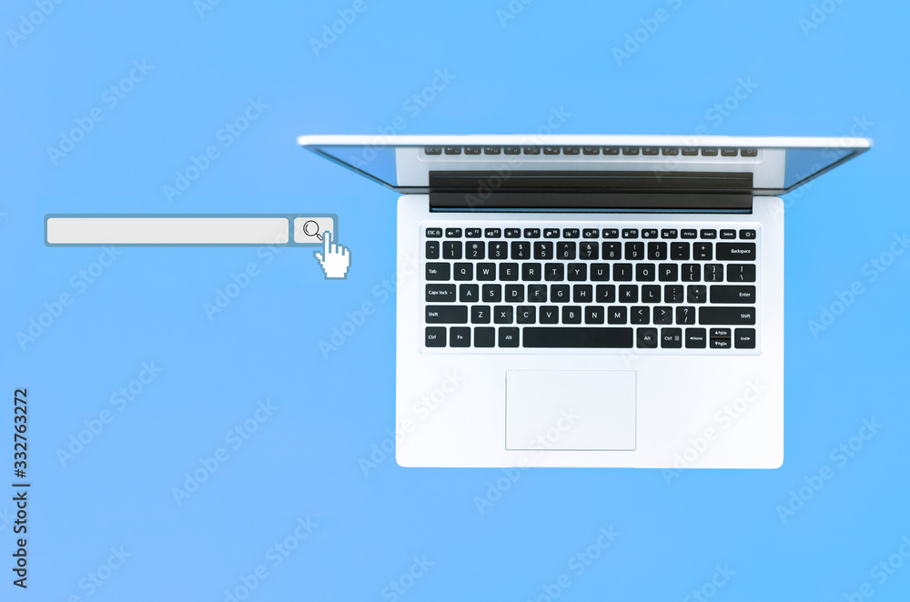 Fototapete open laptop on yellow background with search bar. view from above. place for text. concept of online