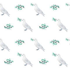 Fototapeta premium Hand drawn dove peace with olive branch and leaves seamless pattern Watercolor illustration on white background