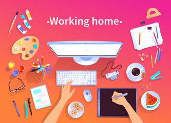 Working home vector top view illustration