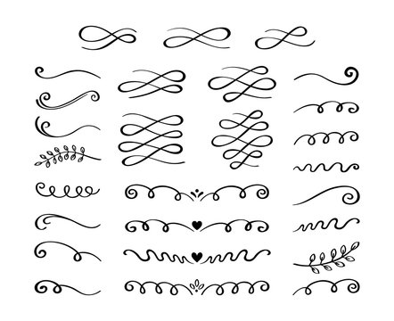 Ornament hand drawn divider collection. Vintage lines and borders. Doodle swirls and curls design elements. Vector illustration