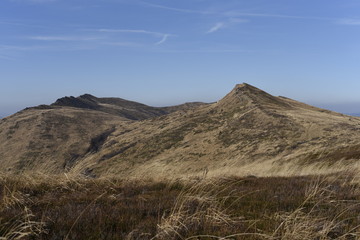 Bieszczady Mountain park with top view in high sun