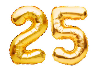 Number 25 twenty five made of golden inflatable balloons isolated on white. Helium balloons, gold foil numbers. Party decoration, anniversary sign for holidays, celebration, birthday, carnival - obrazy, fototapety, plakaty