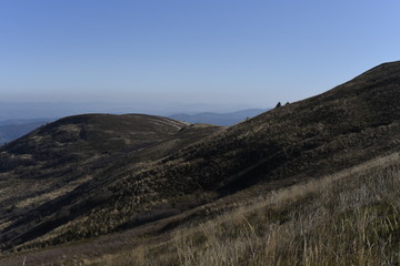 Bieszczady Mountain park with top view in high sun