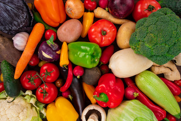 Background of vegetables different fresh farm vegetables. Food or healthy diet concept, top view