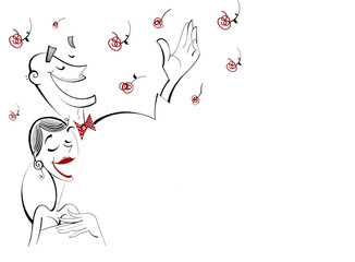 Minimalistic comic drawing of singers who receive flowers and applause after a concert on stage, stretch of china and humor