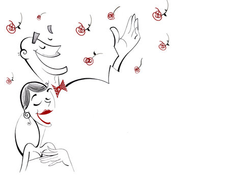 Minimalistic comic drawing of singers who receive flowers and applause after a concert on stage, stretch of china and humor
