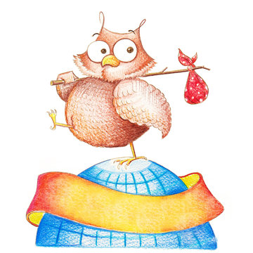 Owl - Logo, isolated illustration of owl with flag on the top of heart
