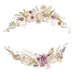 Hand drawing of flowers for decoration, circular, flower wreath, watercolor