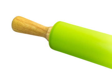 Green silicone rolling pin isolated on white background
