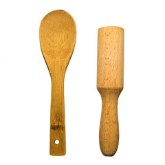 Wooden cooking utensils isolated on white background