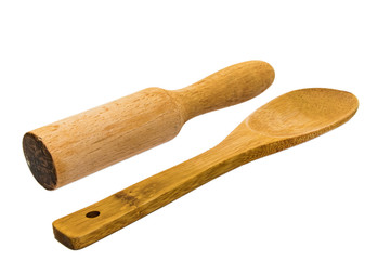 Wooden cooking utensils isolated on white background