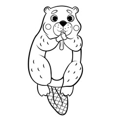 Cute cartoon wild beaver with a wooden stick vector coloring page outline. Coloring book of forest animals for kids. Isolated on white background
