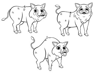 Cute cartoon wild boars vector coloring page outline. Hogs in different postures. Happy and angry boar. Coloring book of forest animals for kids. Isolated on white background