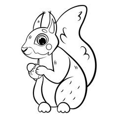 Cute cartoon squirrel with hazelnut vector coloring page outline.  Coloring book of forest animals for kids. Isolated on white background