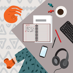 A woman in pajamas sits at a table and works remotely or studies in a cozy home environment. Flat lay illustration about freelancing or self- isolation during a pandemic.