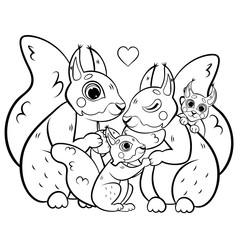 Cute cartoon squirrel family vector coloring page outline. Male and female squirrels with their pups. Coloring book of forest animals for kids. Isolated on white background
