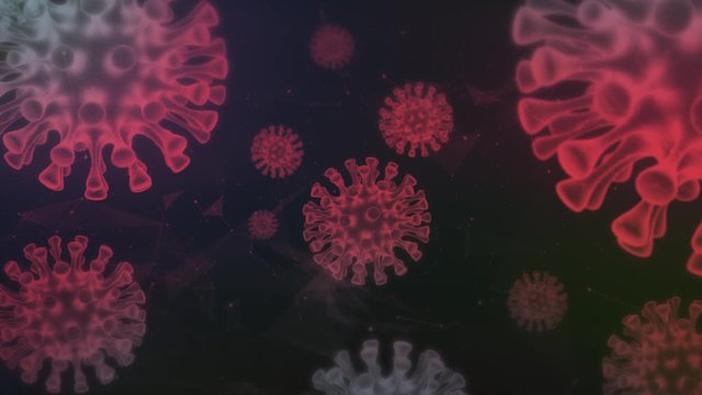 Coronavirus 4K high quality animation on a red tones video in forward camera  movement with viruses all arround