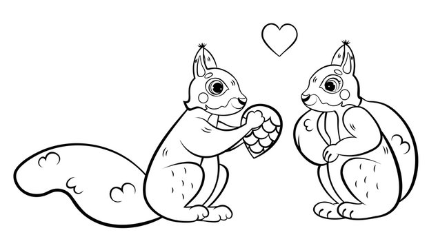 Cute cartoon squirrels couple in love vector coloring page outline. Coloring book of forest animals for kids. Isolated on white background