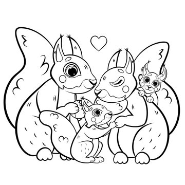 Cute cartoon squirrel family vector coloring page outline. Male and female squirrels with their pups. Coloring book of forest animals for kids. Isolated on white background