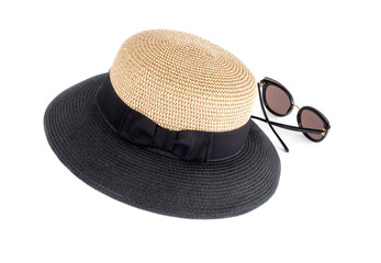 Women's Fashionable Two Colored Straw Hat with a Black Bow and a Pair of Cat Sunglasses Isolated on...