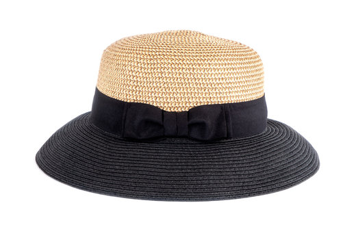 Women's Fashionable Two Colored Straw Hat with a Black Bow Isolated on White