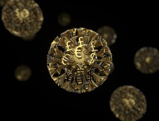 What will the corona virus do to our financial and economic systems? This is image depicts a gold virus with money symbols