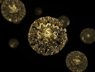 What will the corona virus do to our financial and economic systems? This is image depicts a gold virus with money symbols