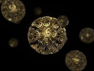 What will the corona virus do to our financial and economic systems? This is image depicts a gold virus with money symbols